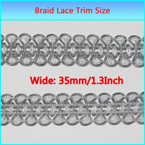 dlboboai Gimp Braid Trim Polyester Braided Ribbon 10 Yards 35mm Wide Lace Trim for Sewing Crafts Clothing Curtains Accessories Lampshade Home DIY Decoration (Silver, 35mm Wide)