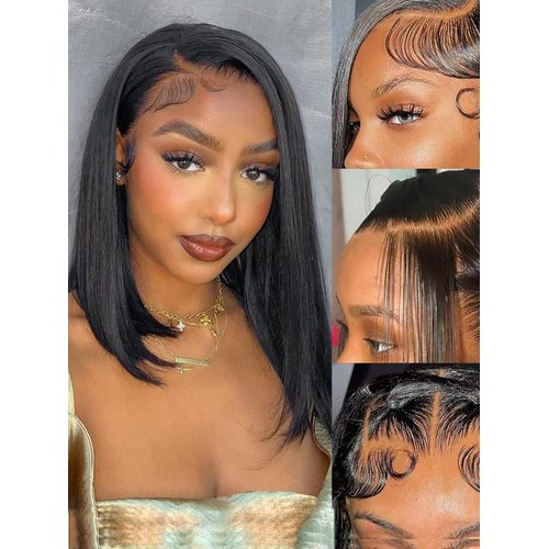 Bob Wig Human Hair 13x4 HD Frontal Lace Wig Short Straight Bob Wigs for Women Glueless Bob Lace Front Wigs Human Hair Pre Plucked 150% Density Natural Black Color 10 inch (13x4 bob wig, 14 inch)
