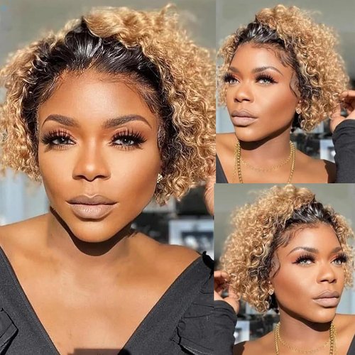 Lace Front Pixie Cut Human Hair Pre Plucked Lace Curly Short Bob Wigs Remy Human Hair For Black Women 13x1 Pixie Cut Wig Glueless Wigs Human Hair (Curly Bob, 1b/27)