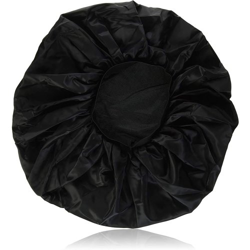 Annie - Ms. Remi Silky Satin Double Cotton - Lined Day and Night Cap - Comfort Elastic Band (Extra Jumbo - Black)