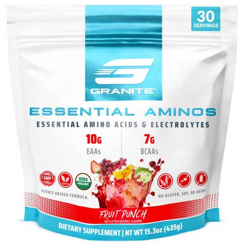 Granite 10g Essential Amino Acids Powder | Muscle Recovery Supplement for Muscle Growth | 7g BCAA Powder with Electrolytes | 30 Servings | Fruit Punch Flavor | Soy & Gluten Free | Made in USA