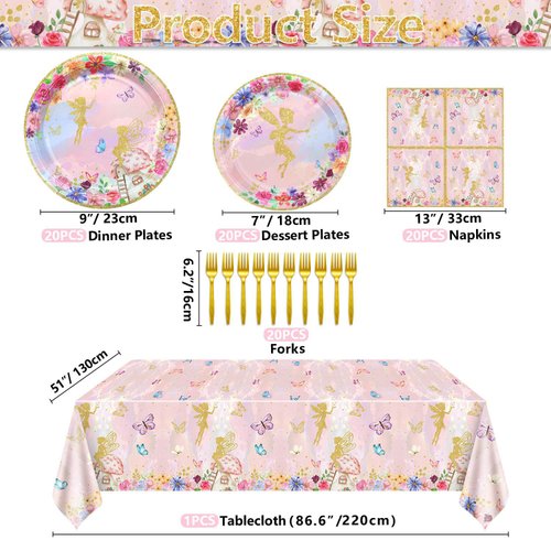 Fairy Party Decorations - Floral Fairy Paper Plates Pink Butterfly Napkins Floral Tablecloths for Princess Flower Fairy Party Supplies, Serve 20