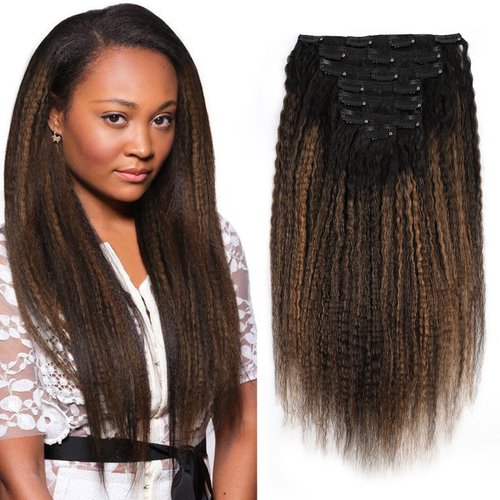 Sassina Kinky Straight Clip in Remy Human Hair Extensions Full Head Clip ins for Women Natural Bl...