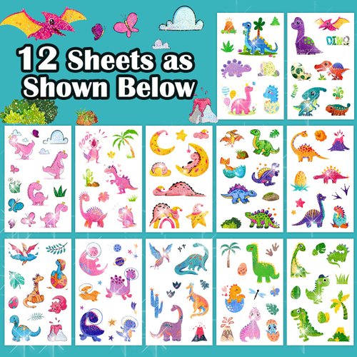 Partywind 120 Glitter Styles Dinosaur Tattoos for Kids Party Supplies, Dinosaur Birthday Party Favors Decorations, Fake Tattoo Stickers for Boys and Girls (12 Sheets)