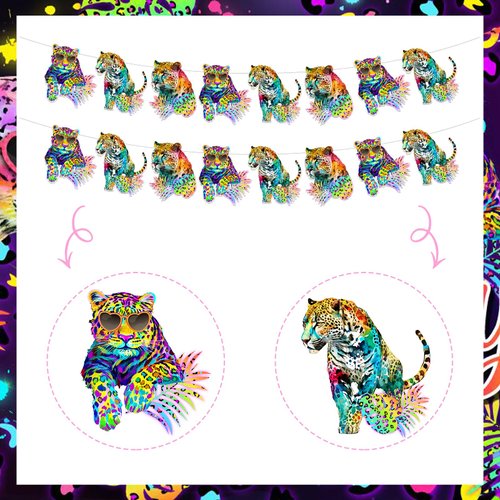 Cheereveal 2 Packs Rainbow Cheetah Garlands - Leopard Print Birthday Baby Shower Bunting Banner for Boys Girls, Jungle Safari Animal Theme Party Supplies