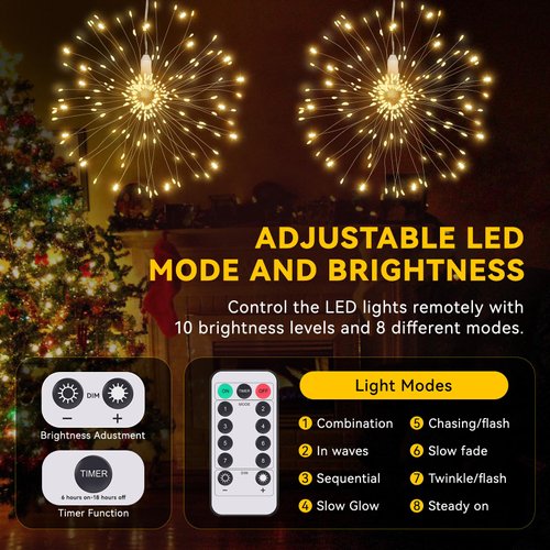 8 Pack Firework Lights 120 LED Copper Wire Firework Lights, 8 Modes Dimmable String LED Lights with Remote Control,Waterproof Hanging Fairy Lights for Party,Home,Christmas,Garden Outdoor Decoration