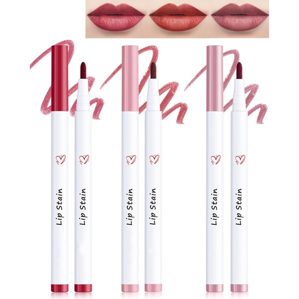 Lip Liner Stain Marker Pen-3Pcs Pink Red Rose Liquid Lip Stain Tint,Longlasting Waterproof Quick Dry Lipstick Lipcolor,Precise Chisel Tip Smooth Lip Gloss Pencil,Lip Makeup Lipstain Pen for Women-SetA