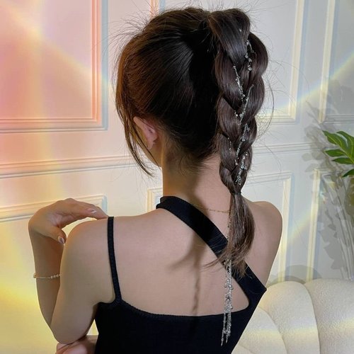 E EMZHOLE 2 Pieces Long Rhinestone Hair Chains,Star Tassel Hair Clips Bling Crystal Head Chain Silver Decorative Hair Clip Hairpin for Women and Girls Nightclub Party Daily Headwear