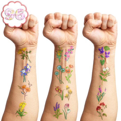 140 PCS Small Wildflower Floral Temporary Tattoos Birthday Party Decorations Supplies Favors Spring Flower Bouquets Decor Tattoo Stickers Gifts For Game Boys Girls Classroom School Prizes Reward