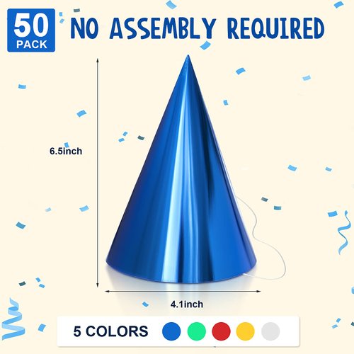 Sumind Party Hat, Costume Headwear - 50 Pieces Cone Paper Hats with Metallic Foil, Assorted Colors for Birthday, Baby Shower, Anniversary, Housewarming Party and More - Gold, Silver, Red, Green, Blue