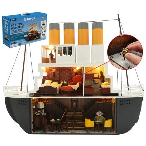 Rovox DIY Miniature Dollhouse Kit Build Yourself DIY Titanic Ship with Furniture Crafts Tiny Home Kit House Building Kit Model with LED Lights and Music for Adults Teens Gift Idea for 14+