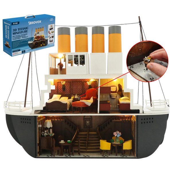 Rovox DIY Miniature Dollhouse Kit Build Yourself DIY Titanic Ship with Furniture Crafts Tiny Home Kit House Building Kit Model with LED Lights and Music for Adults Teens Gift Idea for 14+