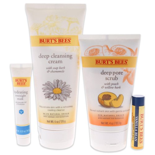 Burt’s Bees Holiday Gift, 4 Face Care Stocking Stuffer Products, Skin Care Essentials Set - Deep Cleansing Cream, Deep Pore Scrub, Hydrating Overnight Mask & Vanilla Bean Lip Balm (Old Version)