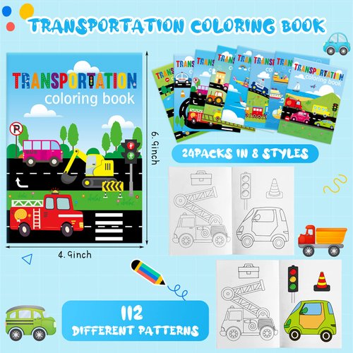 Kosiz 24 Pieces Transportation Coloring Books Traffic Theme DIY Art Drawing Book Party Favors Airplanes Vehicles and Ships Color Booklets Bulk for Birthday Party Gift Goodie Bag Filler