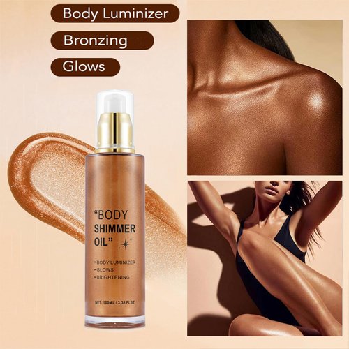 Shimmer Body Oil Waterproof Body Luminizer Bronze, Face Brighten Moisturizing Long Lasting Liquid Illuminator Highlighter, Shimmer Body Glitter Oil Summer Makeup Glow