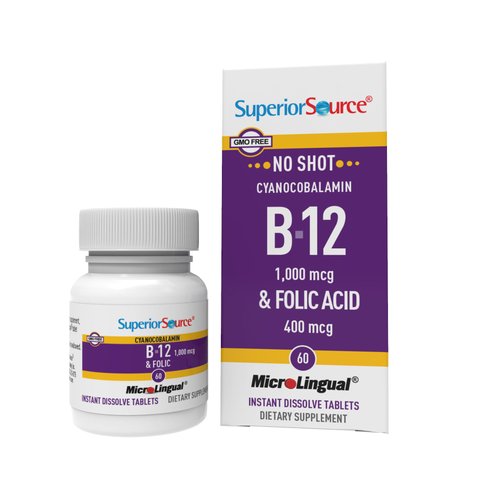 Superior Source No Shot Vitamin B12 Cyanocobalamin (1000 mcg), Folic Acid (400 mcg), Quick Dissolve MicroLingual Tablets, 60 Ct, Increase Energy, Boost Metabolism, Heart and Stress Support, Non-GMO