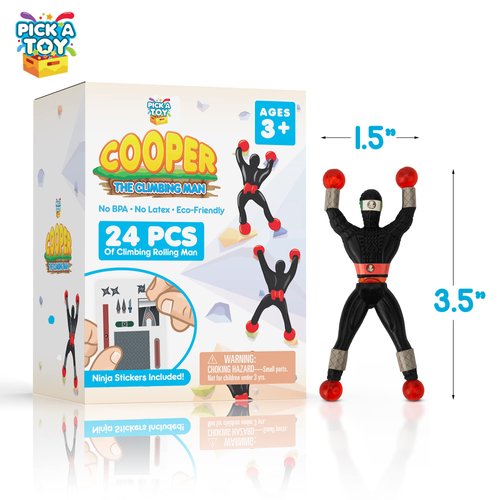 PICK A TOY 24 Sticky Wall Climbing Black Ninjas with DIY Costume Stickers – Fun Stretchy Window Crawlers, Xmas Stocking Stuffers Birthday Party Favors for Kids