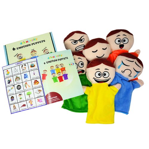 6 Pack Feeling Hand Puppets for Kids with 6 Emotions, with Moveable Arms, Soft Plush Hand Puppets for Toddlers, Early Education Toys, Social Emotional Learning Activities