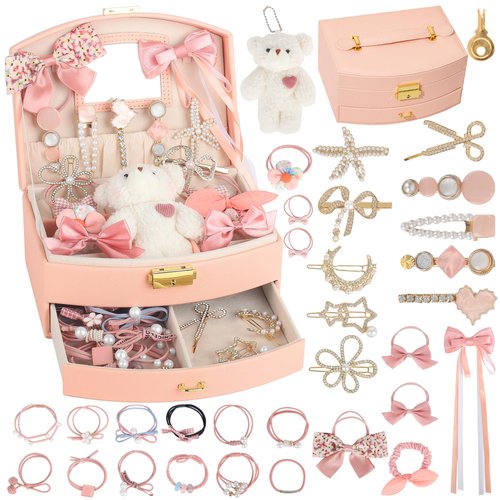 ONECOCOA Hair Accessories for Girls，Teen Girl Gifts Including Jewelry Box/Hair Clips/Hair Barrettes/Hair Ties/Hair Bows，birthday gift for girls age 6 7 8-14（Cute Bear）