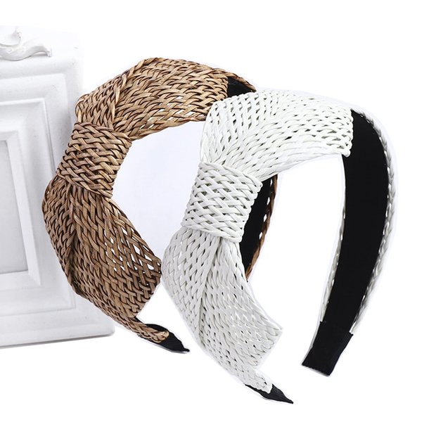 i-lan Set of 2 Rattan Headbands with Bowknot, Comfy Brown White Head Bands with 2 Inch Width, Boho Padded Hair Band Headwear Hoop for Girls, Ladies, Women
