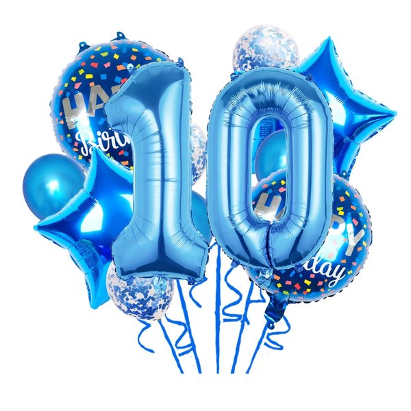 Balloons, 11 pcs Foil Balloons 10 Year Old for 10st Birthday Party Supplies Decoration， Confetti Balloon Kids Party Balloons Birthday Party Supplies 10 Years Old Birthday Balloon for Kids (10th, Blue)