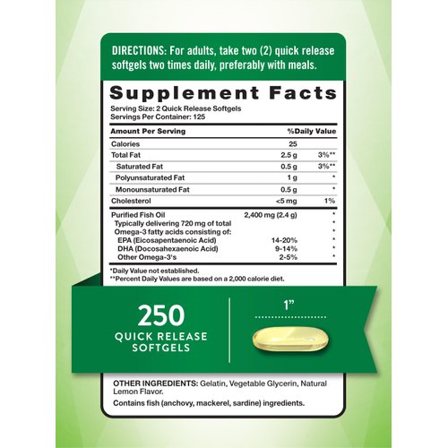 Nature's Truth Burpless Fish Oil 2400mg | 250 Softgels | 720 mg Omega 3 | Natural Lemon Flavor Pills | Non-GMO & Gluten Free Supplement