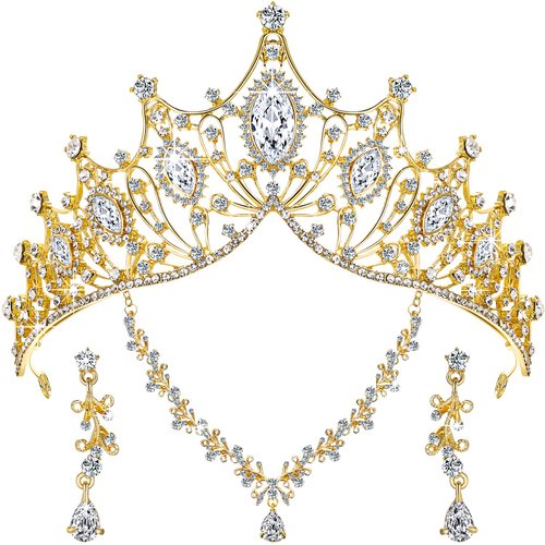 Hicarer 3 Pieces Baroque Queen Crown Set, Tiara Earrings Necklace Crystal Headband Tiaras and Crowns for Women Bridal Wedding Jewelry Halloween Prom Birthday Party Hair Costume Accessories (Gold)