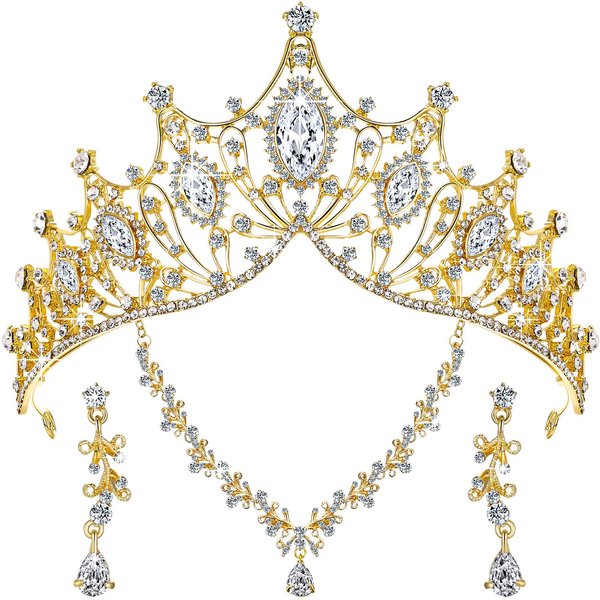 Hicarer 3 Pieces Baroque Queen Crown Set, Tiara Earrings Necklace Crystal Headband Tiaras and Crowns for Women Bridal Wedding Jewelry Halloween Prom Birthday Party Hair Costume Accessories (Gold)