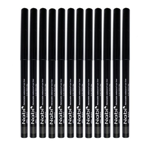 Beauty Spot (12pcs) Nabi Retractable Waterproof Eyeliner Pencil - Long Lasting Fade Resistant Formula - Quick Makeup Remover (Black)