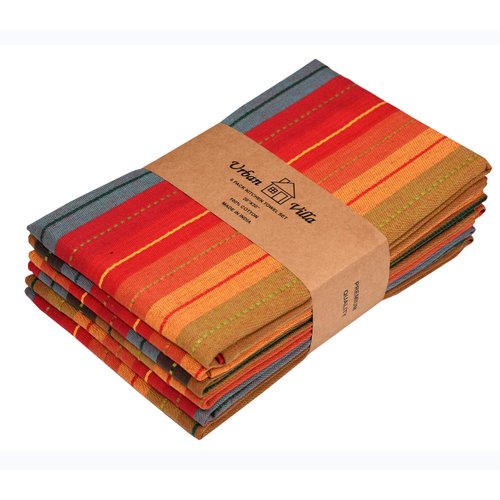 Urban Villa Kitchen Towels Cuisine Stripes Premium Quality 100% Cotton Dish Towels Mitered Corners Ultra Soft (Size: 20X30 Inch) Red Multi Highly Absorbent Bar Towels & Tea Towels - (Set of 6)