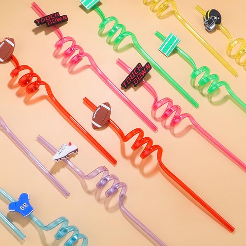 24Pcs Football Party Favors Straws Reuseable Football Design Straws for Kids Teen Boys Girls Birthday Party Supplies Goodie Bag Filler Stuffers
