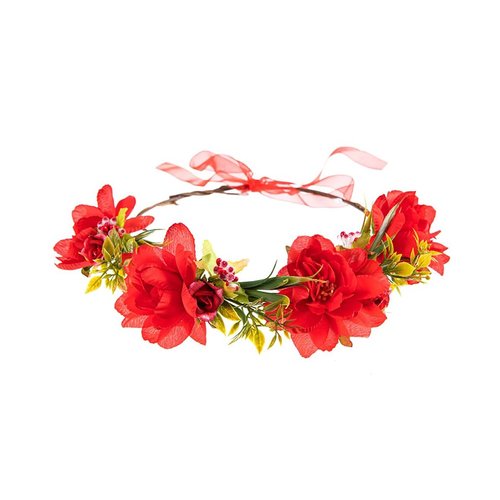 Lofruiin Women's Bohemian Fashion Flower Wreath Adjustable Grass Ring Crown Beach Party Floral Headpiece (B- Red)