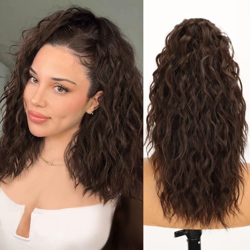 Claw Clip Ponytail Extension 18" Curly Wavy Pony Tails Hair Extensions Layered Natural Looking Clip on Ponytails for Women Synthetic Hair Extensions (Dark Brown)