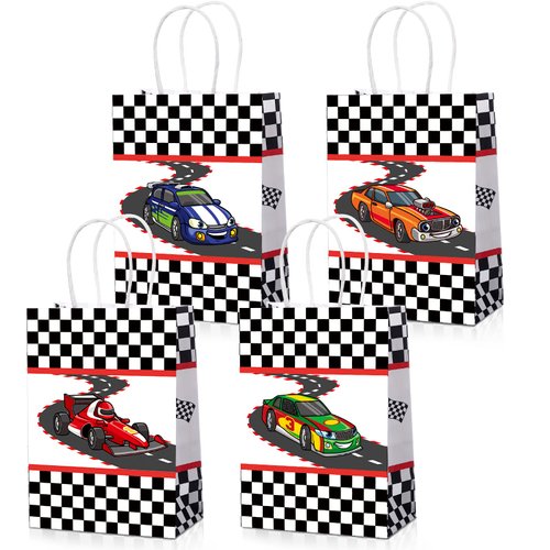 24 Pieces Racing Party Bags Race Car Birthday Favor Bags Car Goodie Paper Bags Sports Car Treat Bags with Handles Checkered Car Flag Candy Bags for Racing Car Themed Birthday Supplies