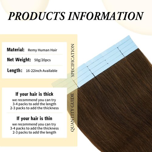 Tape in Hair Extension Human Hair Invisible Straight 22 inch Tape Hair Extension for Women Seamless Skin Weft #4 Chocolate Brown Real Hair Extension Tape ins Human Hair 20 Pcs/50g