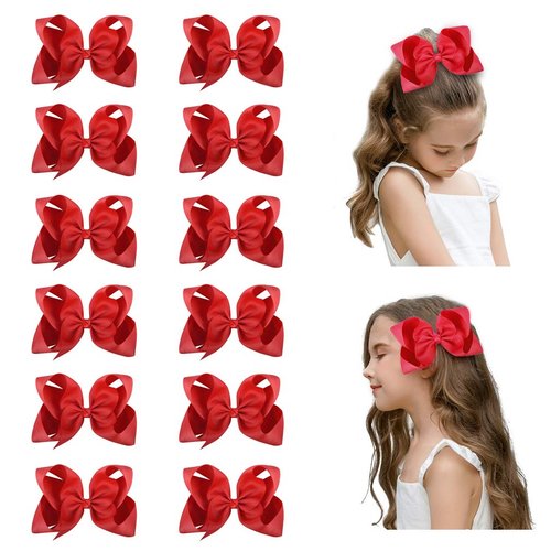 DEEKA 12 PCS 6" Big Hand-made Grosgrain Ribbon Hair Bow Alligator Clips Hair Accessories for Little Teen Toddler Girls - Red