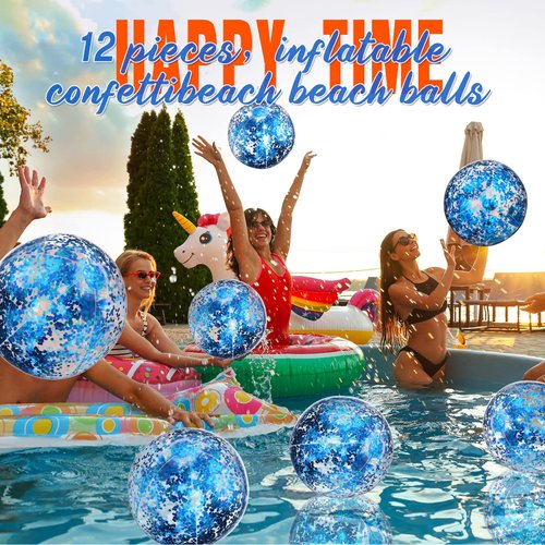 Lewtemi 12 Pcs 24 Inch 16 Inch Inflatable Glitter Beach Balls Clear Confetti Swimming Balls Jumbo Pool Balls for Outdoor(Blue)