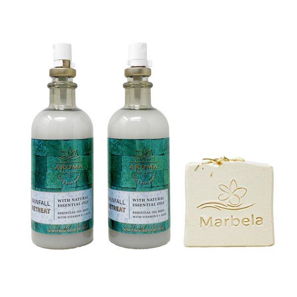 Bath & Body Works Aroma Rainfall Retreat Cucumber Cedarwood -2 Pack of Essential Oil Mist with a Wild Jasmine Bar Soap.