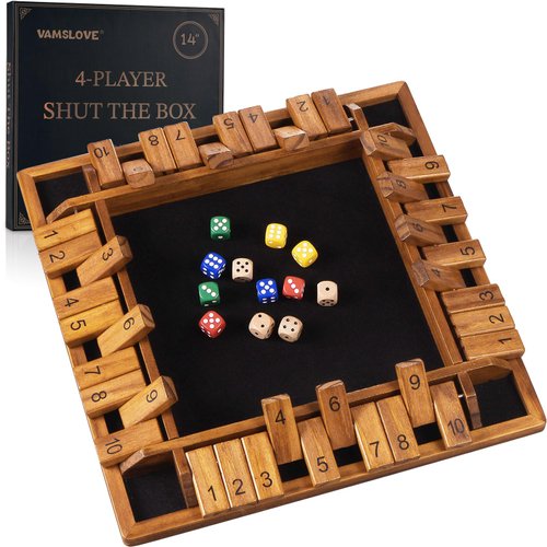 VAMSLOVE Upgraded 14 inches Shut The Box Dice Game Wooden Board Table Math Game with 8+4 Dice for 2-4 Player 4-Sided 10 Number Close The Box for Kids and Adult-Instruction Included
