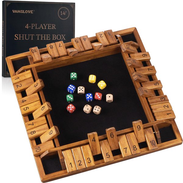 VAMSLOVE Upgraded 14 inches Shut The Box Dice Game Wooden Board Table Math Game with 8+4 Dice for 2-4 Player 4-Sided 10 Number Close The Box for Kids and Adult-Instruction Included