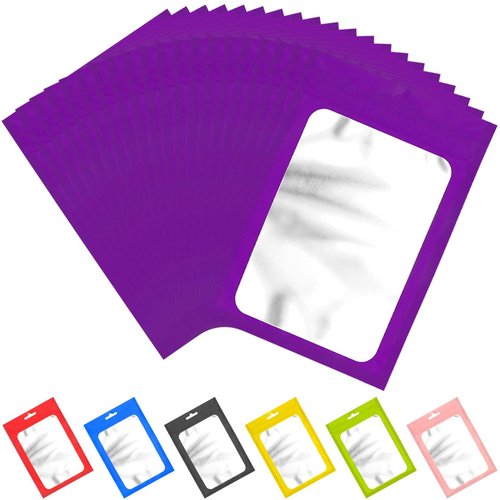 100 Pieces Resealable Mylar Bags with Ziplock and Clear Window Smell Proof Bags Packaging Bags Foil Pouch Ziplock Bags for Food Self Sealing Storage Supplies (Purple, 5.12x8.27 inches)