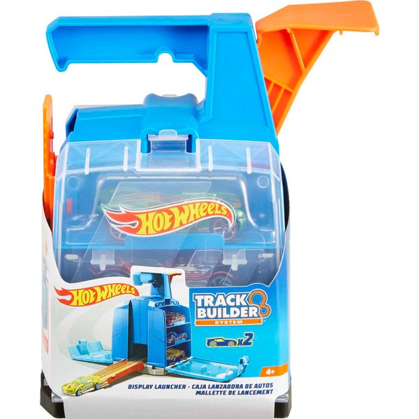 Hot Wheels Toy Car Track Set, Display Launcher & 2 1:64 Scale Vehicles, Visible Storage for 6 Cars Toy Cars, Connects to Track