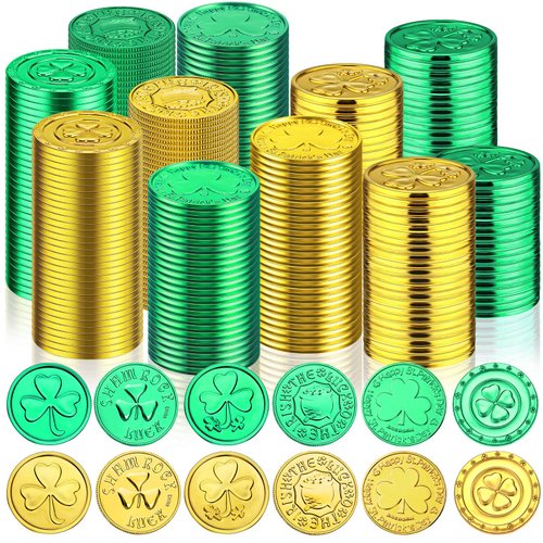 Hanaive 800 Pcs St. Patrick's Day Gold Coins 4 Leaf Clover Coins Lucky Coins Green and Gold Plastic Coins Shamrock Leprechaun Fake Coins for St. Patrick's Day Irish Themed Party Decoration Favors