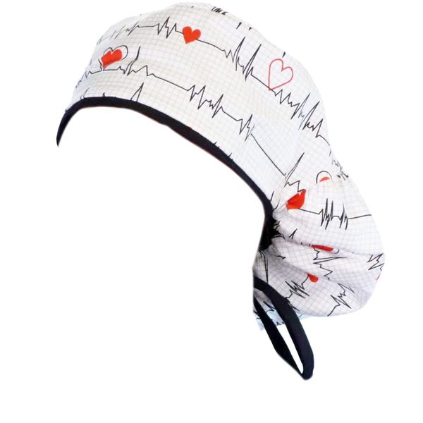 Big Hair Bouffant White Heart Beat EKG Scrub Cap Big