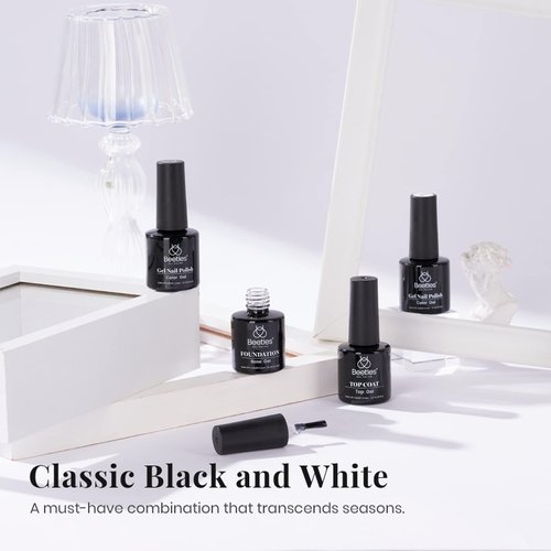 Beetles Gel Nail Polish Kit- 4Pcs 7.5ml Black Milky White Gel Nail Polish with No Wipe Top Coat and Base Coat Set Soak Off UV LED Nail Gel Manicure Gel Nail Polish Gift for Women
