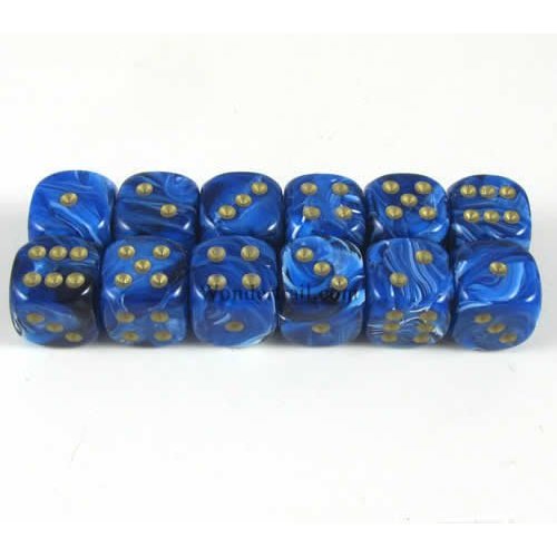 Blue Vortex with Gold Pips 12mm D6 Dice Set of 12 Wondertrail WCX27836E12