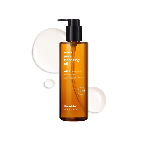 Hanskin AHA Pore Cleansing Oil for Dry Skin, Exfoliating, Waterproof Makeup Remover Facial Cleanser, Moisturizing for Soft Skin, Korean Skincare [AHA/10.14 oz.]