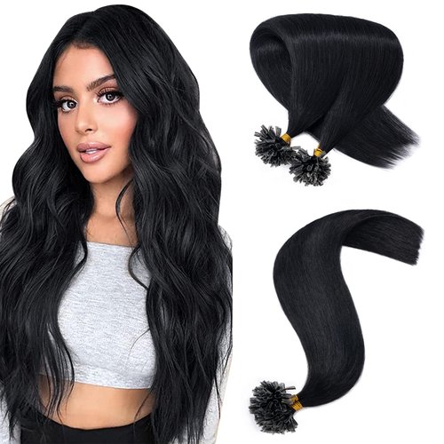 Hairro U Tip Hair Extensions Remy Pre Bonded Fusion Hairpieces Utip 100% Human Hair U-tip Nail Tipped Keratin Glue Stick Microlink Hair Extension For Women 100 Strands 14" 50g #1B Natural Black