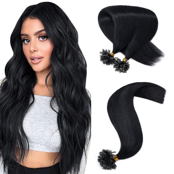 Hairro U Tip Hair Extensions Remy Pre Bonded Fusion Hairpieces Utip 100% Human Hair U-tip Nail Tipped Keratin Glue Stick Microlink Hair Extension For Women 100 Strands 14" 50g #1B Natural Black