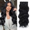 ALXNAN Hair Extensions, 4PCS Clip in Hair Extensions,14 Inches Black Long Wavy Natural Soft Synthetic Hairpieces for Women
